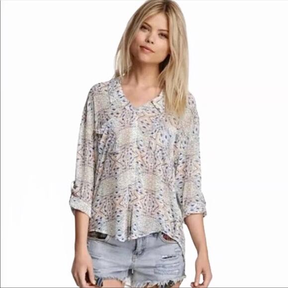Free People Easy Rider Sheer Geometric Button Down Top SZ M - Picture 1 of 9
